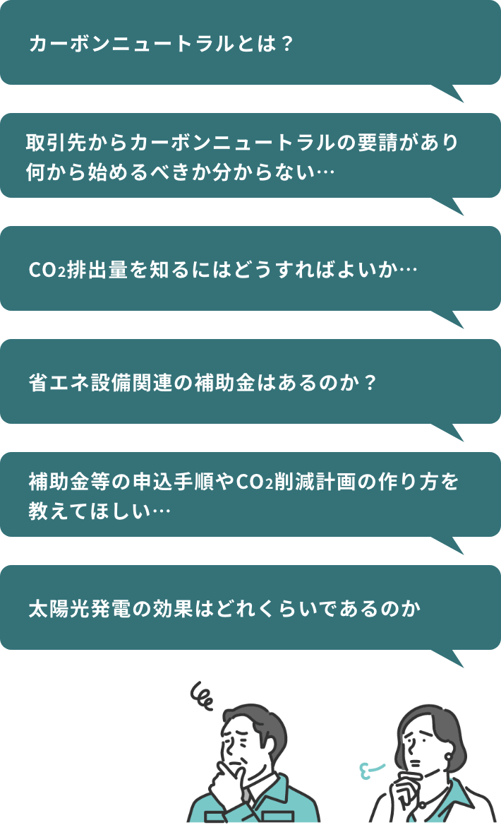 カーボンニュートラルとは?/取引先からカーボンニュートラルの要請があり何から始めるべきか分からない/CO2排出量を知るにはどうすればよいか/省エネ設備関連の補助金はあるのか?/補助金等の申込手順やCO2削減計画の作り方を教えてほしい/太陽光発電の効果はどれくらいであるのか