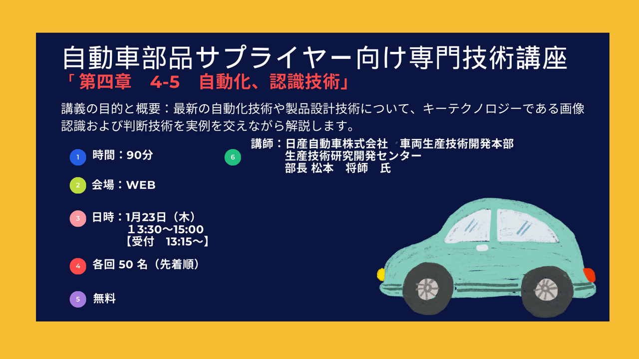 自動車部品サプライヤー向け専門技術講座「4-5 自動化、認識技術」の